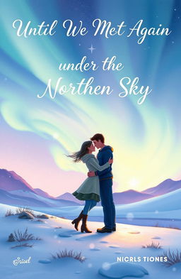 A captivating book cover illustration for 'Until We Meet Again Under the Northern Sky', depicting a romantic scene of two lovers meeting under the mesmerizing northern lights