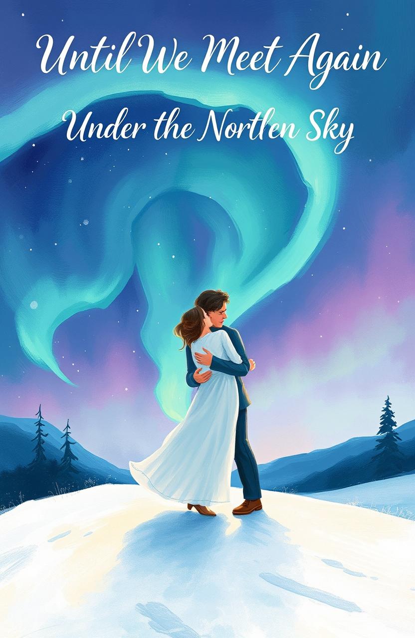 A captivating book cover illustration for 'Until We Meet Again Under the Northern Sky', depicting a romantic scene of two lovers meeting under the mesmerizing northern lights