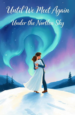 A captivating book cover illustration for 'Until We Meet Again Under the Northern Sky', depicting a romantic scene of two lovers meeting under the mesmerizing northern lights