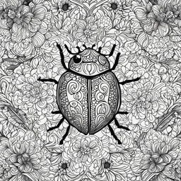 Black and white colouring book page featuring an intricately detailed ladybug amidst a complex floral background.