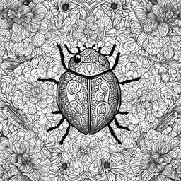 Black and white colouring book page featuring an intricately detailed ladybug amidst a complex floral background.