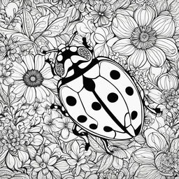 Black and white colouring book page featuring an intricately detailed ladybug amidst a complex floral background.