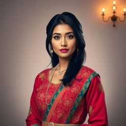 A 35-year-old woman with beautiful black hair, featuring pronounced Eastern features, gracefully dressed in elegant clothing that reflects her cultural heritage