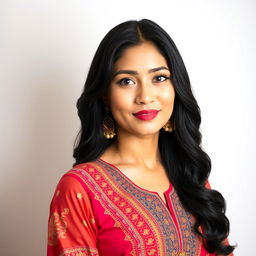 A 35-year-old woman with beautiful black hair, featuring pronounced Eastern features, gracefully dressed in elegant clothing that reflects her cultural heritage