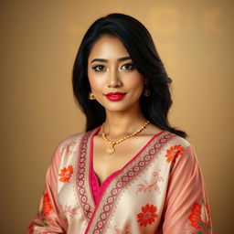 A 35-year-old woman with beautiful black hair, featuring pronounced Eastern features, gracefully dressed in elegant clothing that reflects her cultural heritage