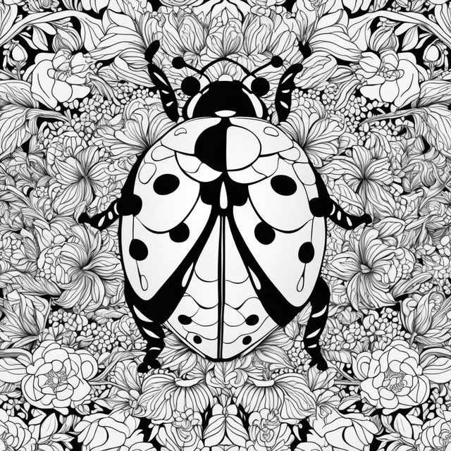 Black and white colouring book page featuring an intricately detailed ladybug amidst a complex floral background.