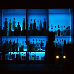A bar scene showcasing a counter with shelves filled with a variety of bottles, illuminated by soft blue lights
