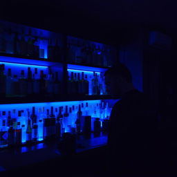 A bar scene showcasing a counter with shelves filled with a variety of bottles, illuminated by soft blue lights
