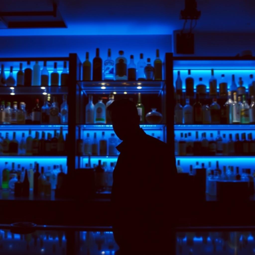 A bar scene showcasing a counter with shelves filled with a variety of bottles, illuminated by soft blue lights