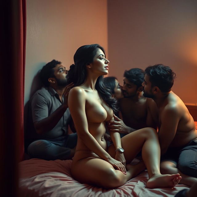 An intimate scene set in a cozy hostel room featuring Sonal Chauhan, a stunning Indian actress, sitting on a bed completely naked, leaning against the wall and revealing her side profile