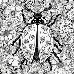 Black and white colouring book page featuring an intricately detailed ladybug amidst a complex floral background.