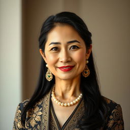 A 40-year-old woman with elegant black hair, showcasing distinctive Eastern features, dressed in sophisticated attire that reflects her cultural elegance and confidence
