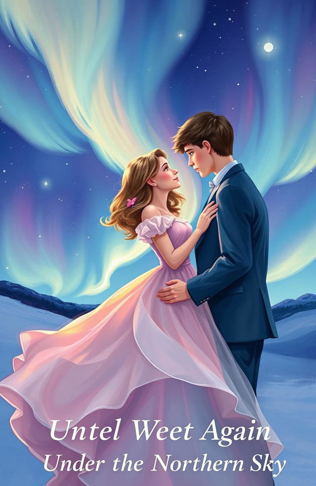 An enchanting book cover illustration for "Until We Meet Again Under the Northern Sky" featuring a romantic scene of lovers under the vibrant northern lights