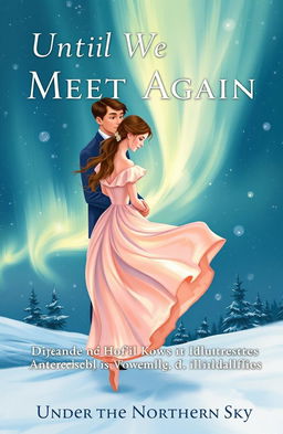 An enchanting book cover illustration for "Until We Meet Again Under the Northern Sky" featuring a romantic scene of lovers under the vibrant northern lights