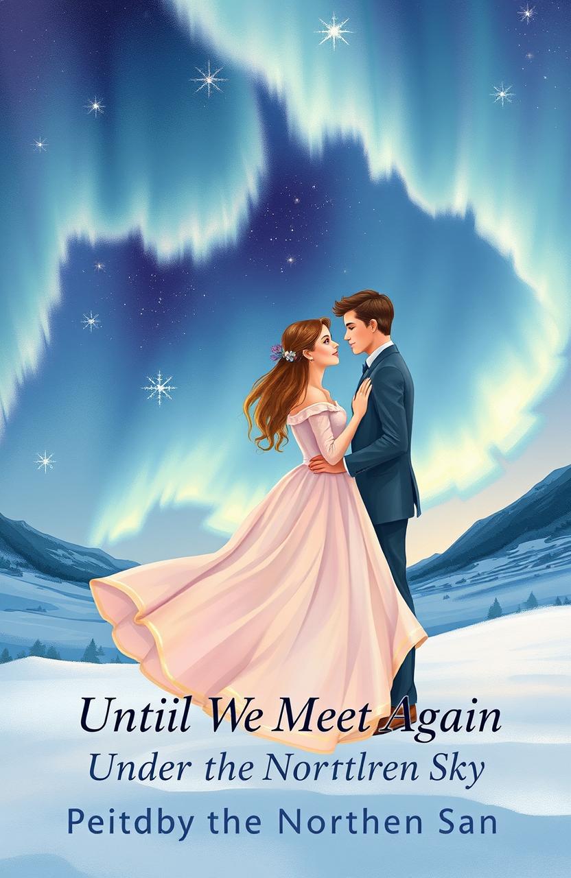 An enchanting book cover illustration for "Until We Meet Again Under the Northern Sky" featuring a romantic scene of lovers under the vibrant northern lights