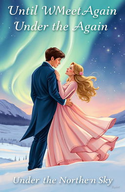 An enchanting book cover illustration for "Until We Meet Again Under the Northern Sky" featuring a romantic scene of lovers under the vibrant northern lights