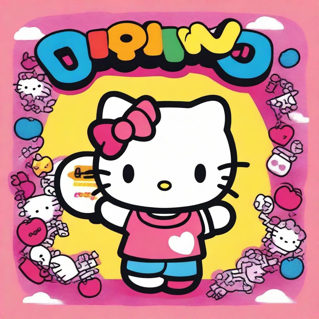 A highly detailed depiction of Hello Kitty with an exuberant color palette, as she joyfully holds up a large sign displaying the word 'Owns'