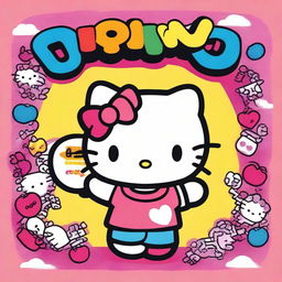 A highly detailed depiction of Hello Kitty with an exuberant color palette, as she joyfully holds up a large sign displaying the word 'Owns'