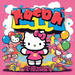 A highly detailed depiction of Hello Kitty with an exuberant color palette, as she joyfully holds up a large sign displaying the word 'Owns'