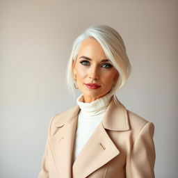 A 35-year-old woman with striking white hair, displaying distinct Northern European features, elegantly dressed in fashionable attire that highlights her unique style