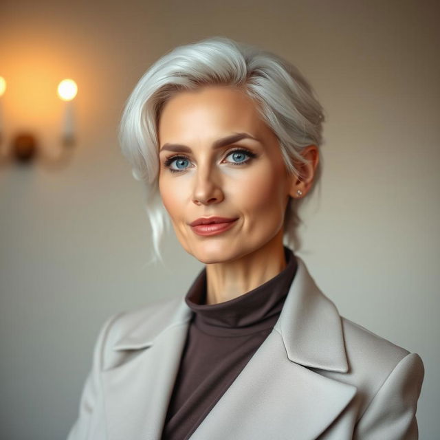 A 35-year-old woman with striking white hair, displaying distinct Northern European features, elegantly dressed in fashionable attire that highlights her unique style