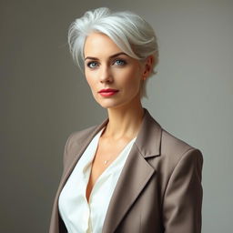 A 35-year-old woman with striking white hair, displaying distinct Northern European features, elegantly dressed in fashionable attire that highlights her unique style