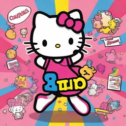 A highly detailed depiction of Hello Kitty with an exuberant color palette, as she joyfully holds up a large sign displaying the word 'Owns'