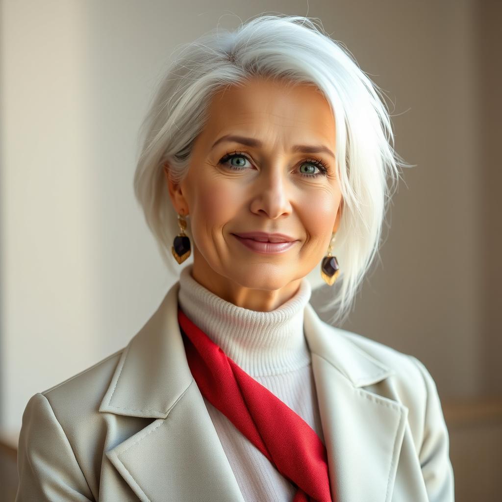 A 33-year-old woman with striking white hair, characterized by her beautiful Northern European features, elegantly dressed in fashionable clothing that highlights her unique style and personality