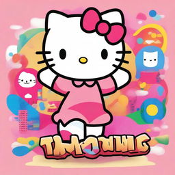 A highly detailed depiction of Hello Kitty with an exuberant color palette, as she joyfully holds up a large sign displaying the word 'Owns'