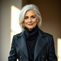 A 33-year-old woman with striking white hair, characterized by her beautiful Northern European features, elegantly dressed in fashionable clothing that highlights her unique style and personality