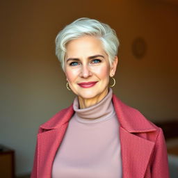 A 33-year-old woman with striking white hair, characterized by her beautiful Northern European features, elegantly dressed in fashionable clothing that highlights her unique style and personality