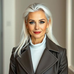A 33-year-old woman with striking white hair, characterized by her beautiful Northern European features, elegantly dressed in fashionable clothing that highlights her unique style and personality