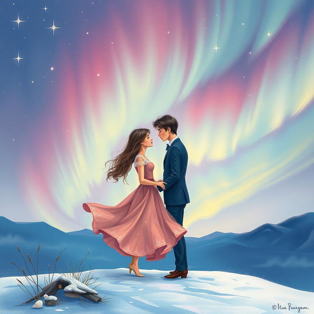 An enchanting book cover illustration without the title for "Until We Meet Again Under the Northern Sky" featuring a romantic scene of lovers under the vibrant northern lights