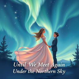 An enchanting book cover illustration without the title for "Until We Meet Again Under the Northern Sky" featuring a romantic scene of lovers under the vibrant northern lights