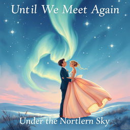 An enchanting book cover illustration without the title for "Until We Meet Again Under the Northern Sky" featuring a romantic scene of lovers under the vibrant northern lights