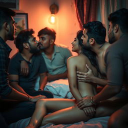 An intimate scene set in a cozy hostel room featuring Ruhi Singh, a captivating Indian actress, sitting on a bed completely naked, leaning against the wall and revealing her side profile