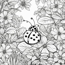 Black and white colouring book page featuring an adorable ladybug in a simple garden scene.