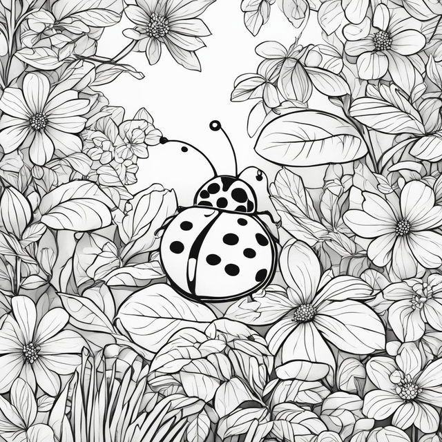 Black and white colouring book page featuring an adorable ladybug in a simple garden scene.