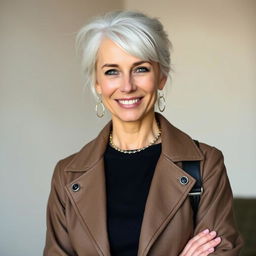 A 30-year-old woman with beautiful white hair, characterized by her captivating Northern European features, dressed in stylish and modern clothing that accentuates her individuality and charm