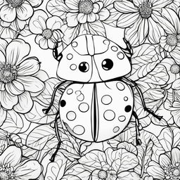 Black and white colouring book page featuring an adorable ladybug in a simple garden scene.