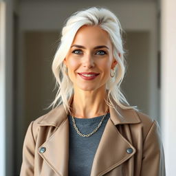 A 30-year-old woman with beautiful white hair, characterized by her captivating Northern European features, dressed in stylish and modern clothing that accentuates her individuality and charm