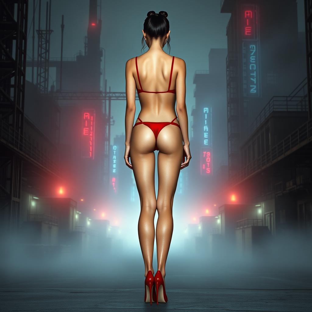 A thin girl with round, enhanced breasts, positioned at the center of the image in a full body rear view, wearing a tight thin red transparent latex thong leotard and stylish high heel shoes