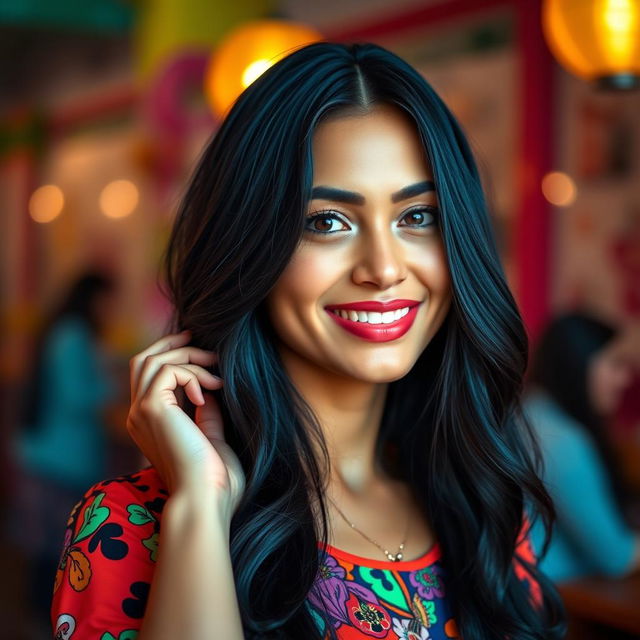 A 30-year-old woman with stunning black hair, showcasing her striking Latin features, dressed in vibrant and stylish clothing that reflects her lively personality