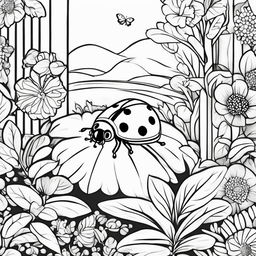 Black and white colouring book page featuring an adorable ladybug in a simple garden scene.