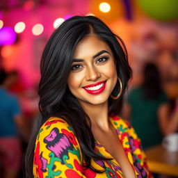 A 30-year-old woman with stunning black hair, showcasing her striking Latin features, dressed in vibrant and stylish clothing that reflects her lively personality