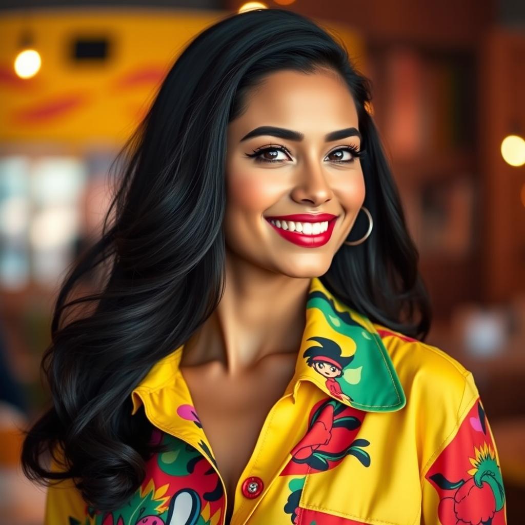 A 30-year-old woman with stunning black hair, showcasing her striking Latin features, dressed in vibrant and stylish clothing that reflects her lively personality