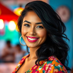 A 30-year-old woman with stunning black hair, showcasing her striking Latin features, dressed in vibrant and stylish clothing that reflects her lively personality