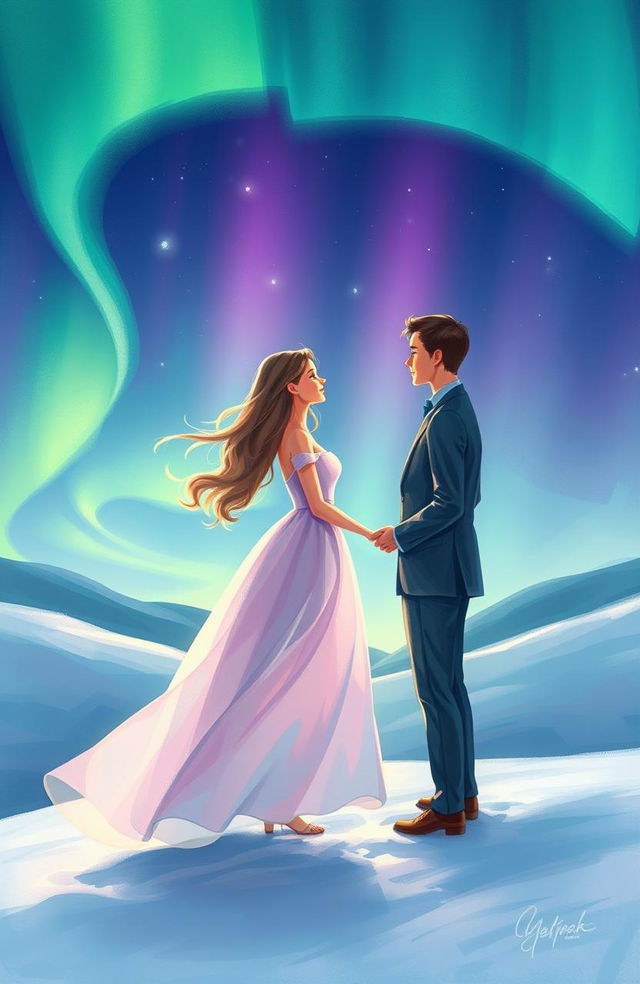 An enchanting cover illustration depicting a romantic scene of two lovers meeting under the captivating northern lights