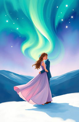 An enchanting cover illustration depicting a romantic scene of two lovers meeting under the captivating northern lights