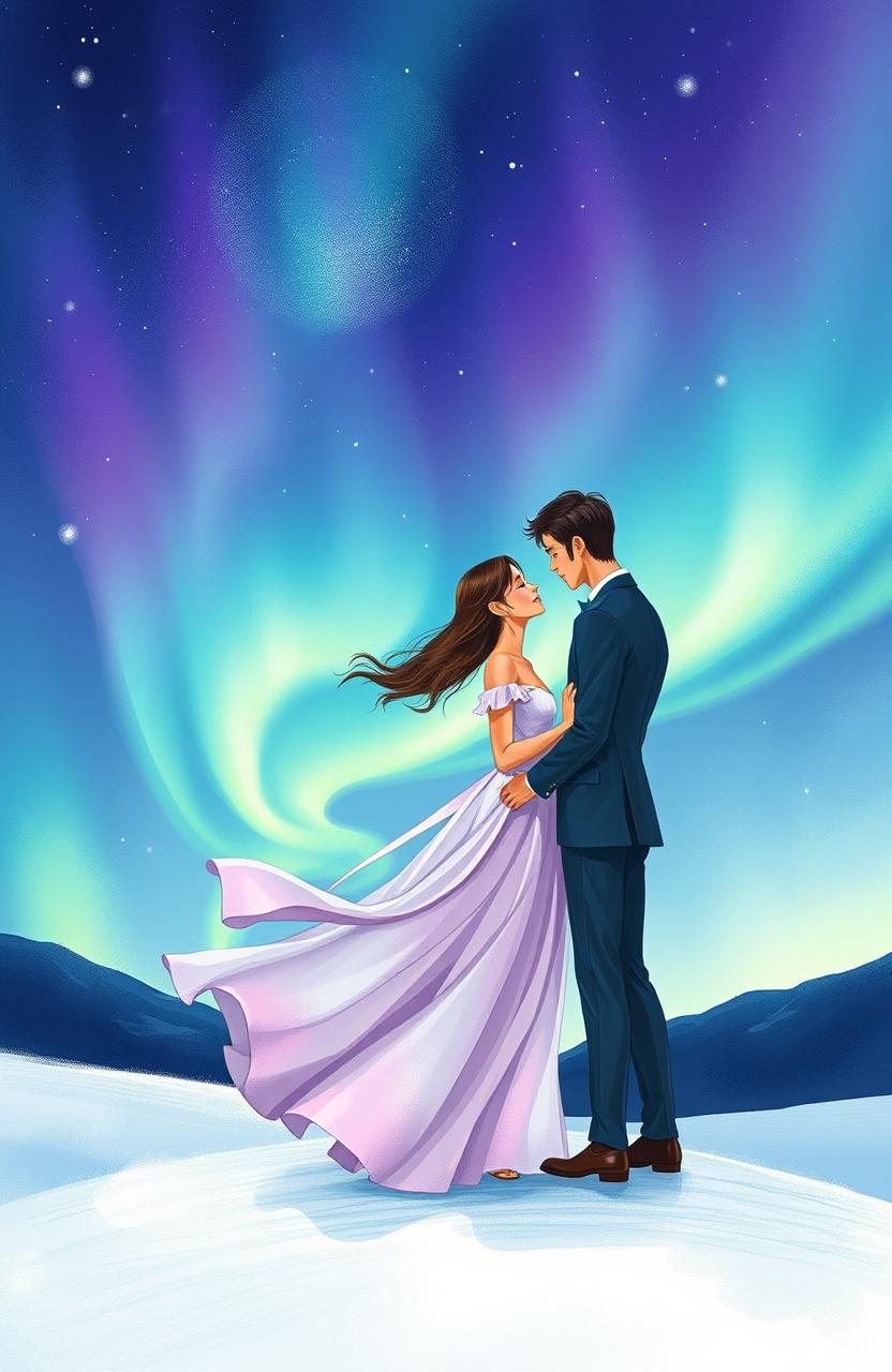 An enchanting cover illustration depicting a romantic scene of two lovers meeting under the captivating northern lights